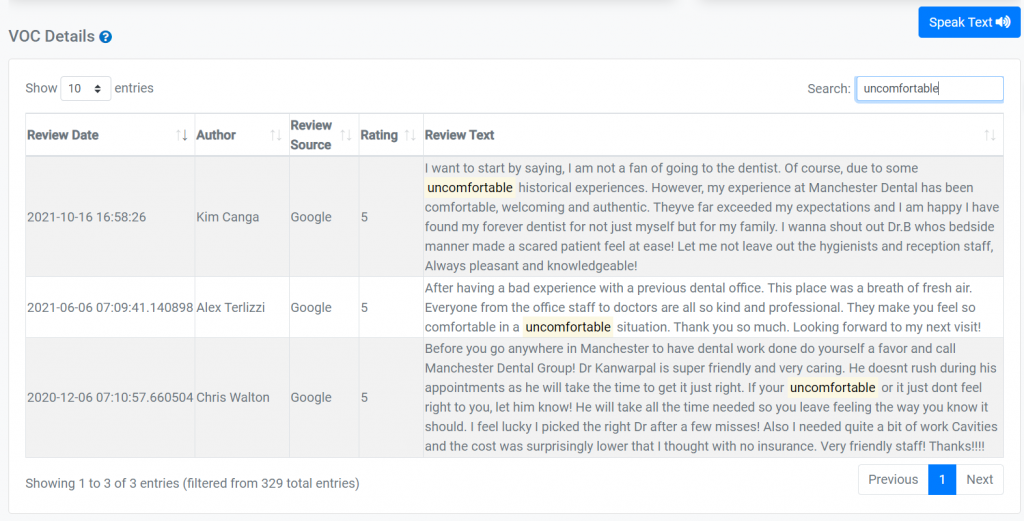 okaxis screenshot showing voice of the customer trends